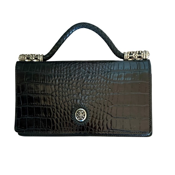 Brighton Crocodile Embossed Wallet Bag Purse Black Silver Trim Elegant Timeless - Picture 1 of 7